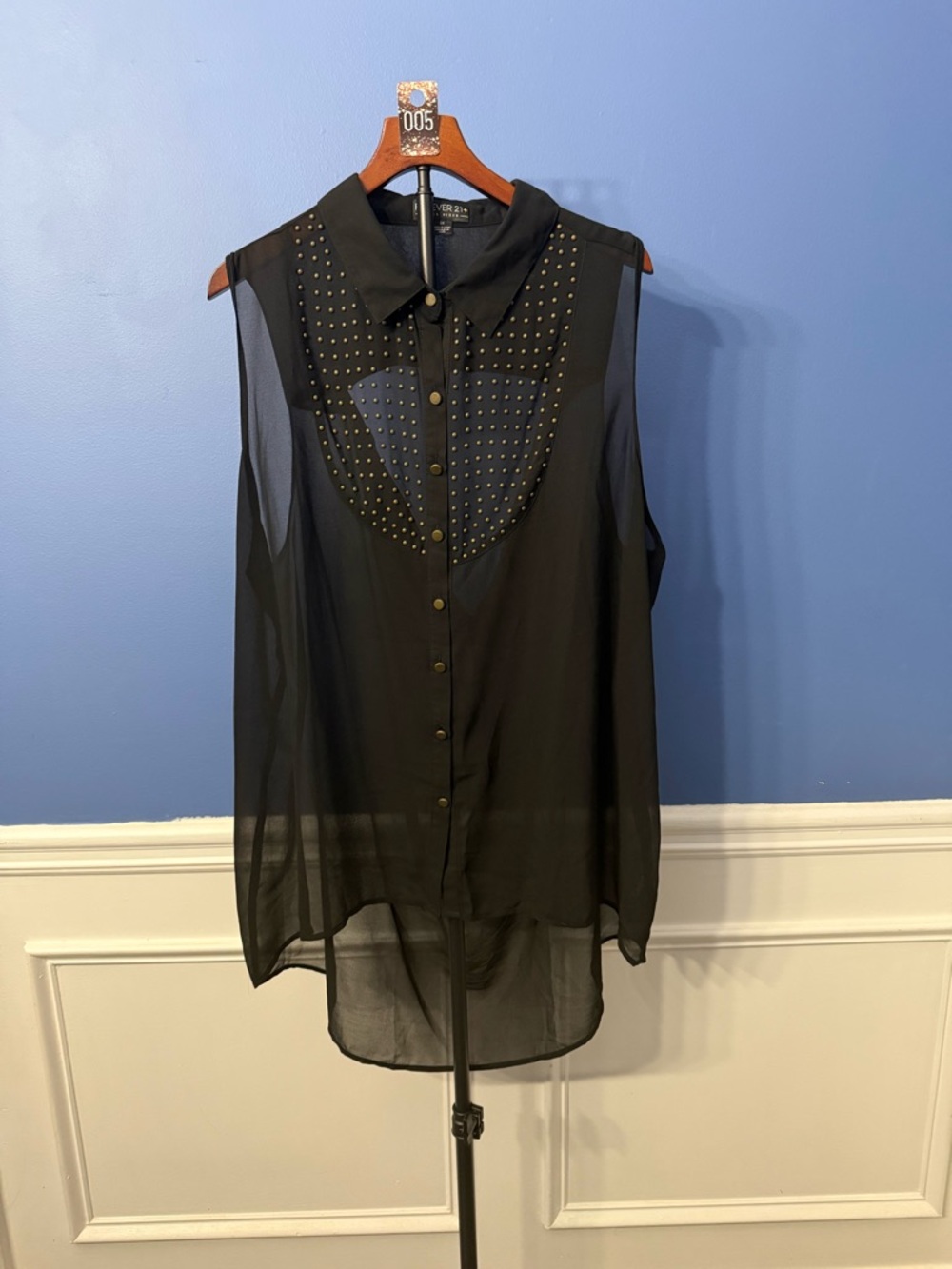 Forever 21 Black Sleeveless Sheer Studded Button-Up Blouse